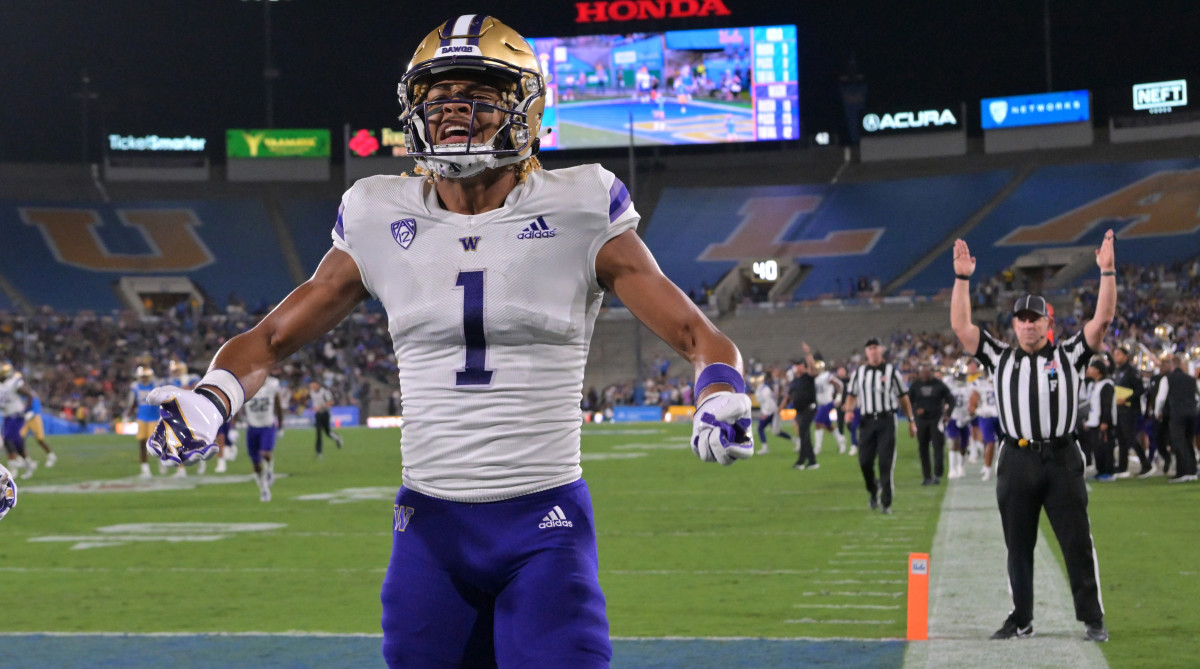 Washington wide receiver Rome Odunze celebrates after a touchdown against UCLA.